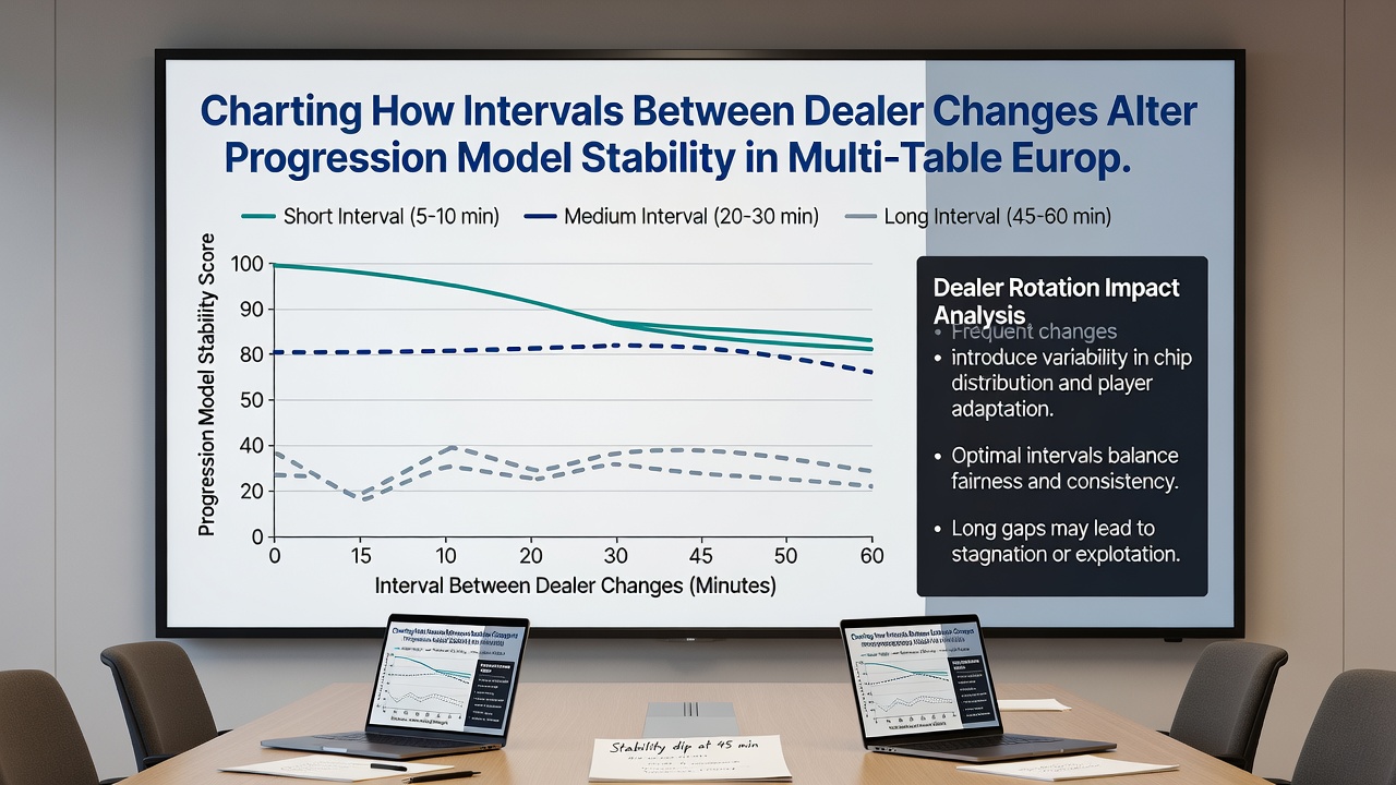 Graphs illustrating stability metrics for progression models at varying dealer change intervals in European casinos